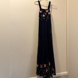 Floreat Anthropologie Navy blue maxi dress with Pink embroidered flowers- NWT-10